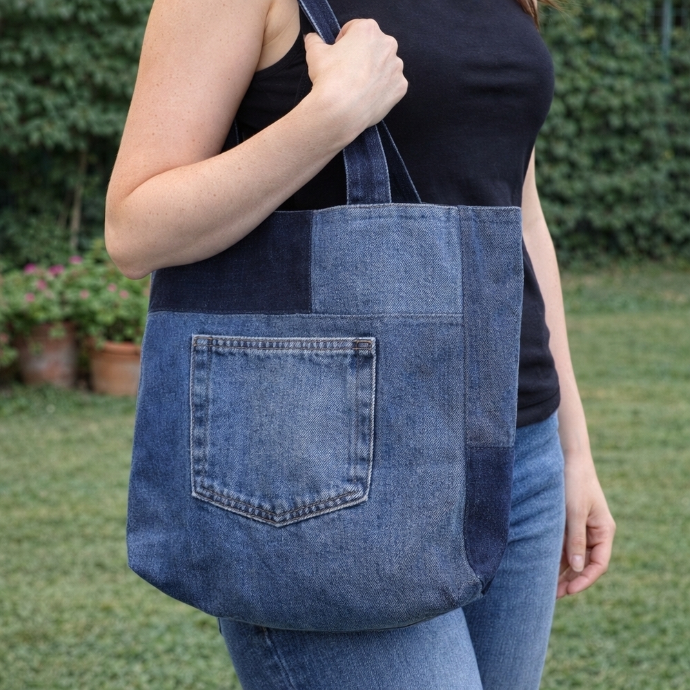 Denim patchwork tote bag